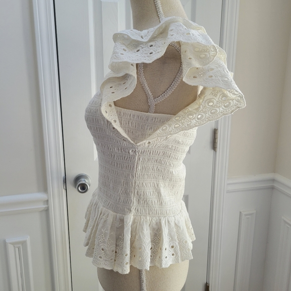 House of Harlow 1960 Smocked Ruffle Peplum Eyelet‎ Lace Puff Sleeve Blouse - Picture 4 of 12